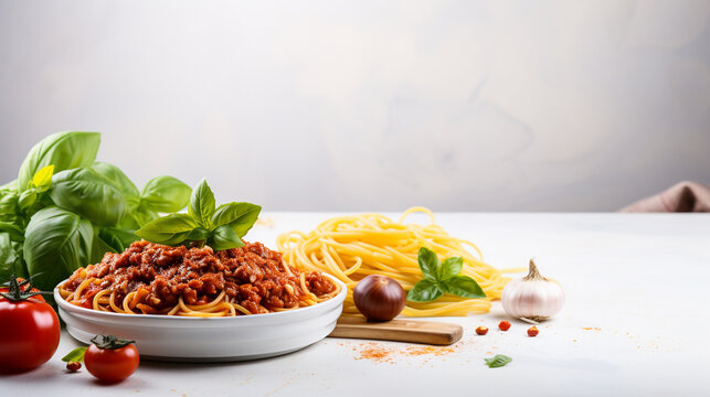 Spaghetti bolognese with parmesan cheese, basil and tomatoes on a white background