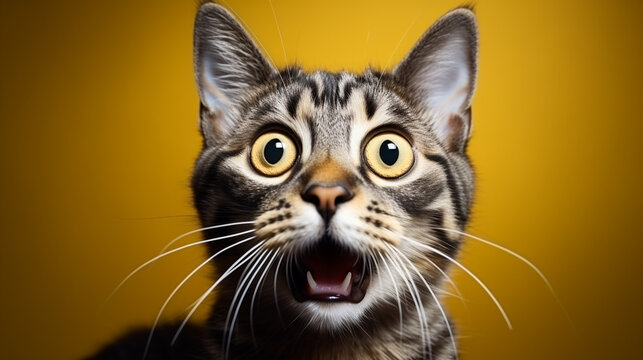 Close-up portrait of a tabby cat with open mouth on yellow background