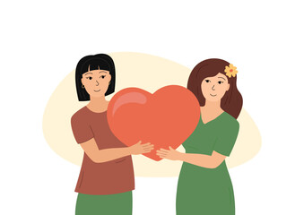Female couple in love. Lesbian family. Smiling women holding big heart together. Two girlfriends LGBT concept flat vector. Valentines day celebration romantic illustration