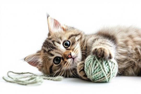Image of a cute cat playing with a ball of yarn, on a white background - Generative AI