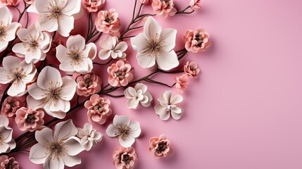 Fototapeta na wymiar top view of beautiful flowers on pink background for valentine banner or poster