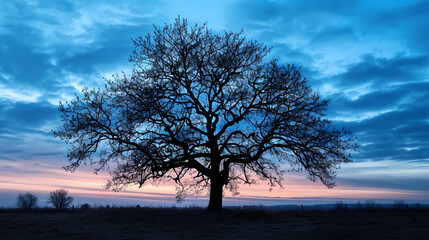 Fototapeta na wymiar A silhouette of a solitary tree against a twilight sky