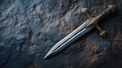Intricately designed medieval dagger on a stone background