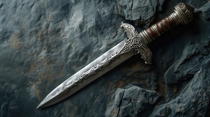 Decorative knife with an ornate blade and handle on a stone background - obrazy, fototapety, plakaty