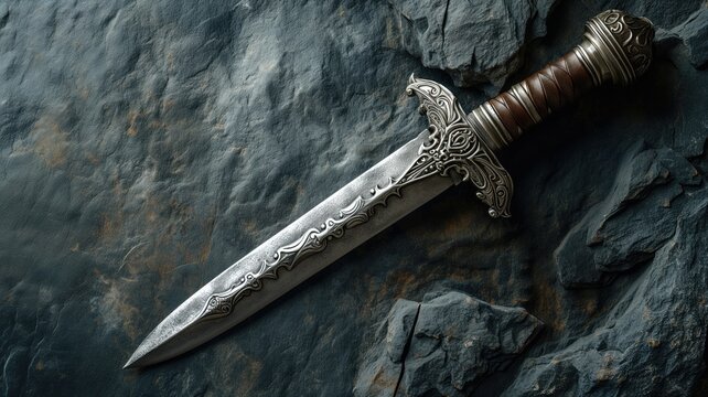 Decorative knife with an ornate blade and handle on a stone background