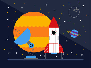 Rocket taking off from outer planet. Outer space and astronaut vector illustrations.