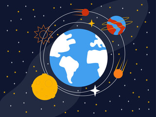 Naklejka premium Universe with planets. Outer space and astronaut vector illustrations.