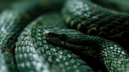 Fototapeta premium Close-up of green snake scales with a focus on the head