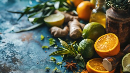 Fresh citrus fruits with herbs and spices on a blue backdrop