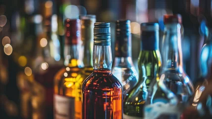 Fotobehang Assorted liquor bottles on a bar shelf, softly lit © Artyom