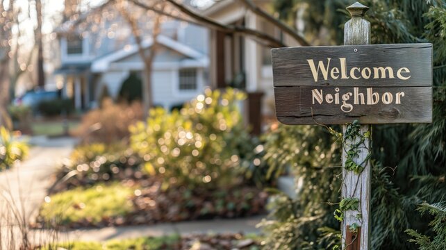 Wooden 'Welcome Neighbor' sign in a suburban setting