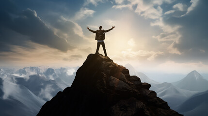 silhouette of a man on the top of the mountain with his hands up celebrating reaching the top - obrazy, fototapety, plakaty