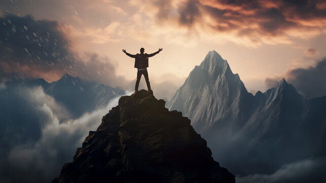 A silhouette of a man at the mountain peak, arms raised in celebration of reaching the summit.