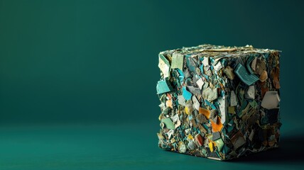 Obraz premium A cube composed of colorful recycled materials on a teal background