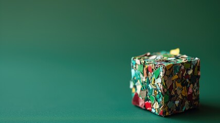 A cube made of compressed recycled multicolored paper