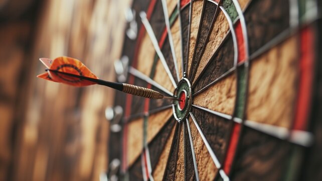 Dart hitting the bullseye on a dartboard - Powered by Adobe