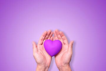 Purple February: Hands delicately hold a purple heart, symbolizing solidarity with those affected by Fibromyalgia, Alzheimer's, and Lupus. Ideal for awareness campaigns during the month of February.