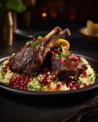 An elegant fusion of flavors awaits as tender lamb shanks are braised in a fragrant mixture of aromatic es and served alongside a bed of saffroninfused pearl couscous, fresh pomegranate