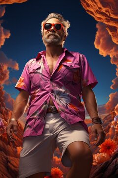 Photo Realistic of a Man in a Vibrant Hawaiian Shirt and Bermuda Shorts,  Generative AI