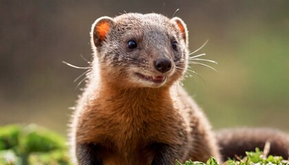 Close-up portrait of a mongoose on a sunny day in the park, pet - obrazy, fototapety, plakaty