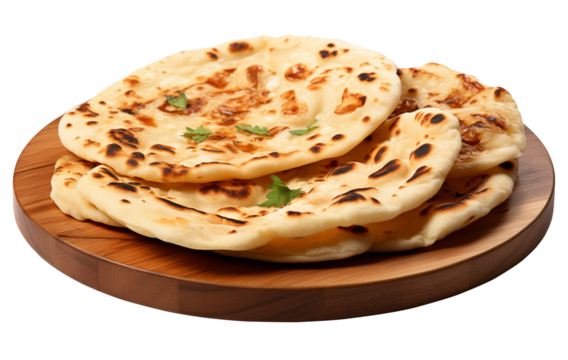 Round flatbreads on wooden board isolated on transparent background.