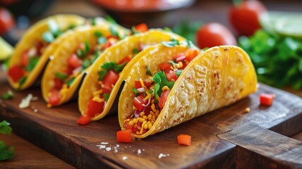 Colorful tacos with fresh ingredients on a wooden board