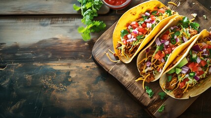 Crunchy tacos with toppings on a rustic wooden surface - obrazy, fototapety, plakaty