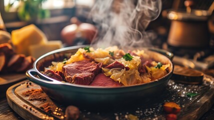 Steamy corned beef and cabbage in a rustic kitchen setting - obrazy, fototapety, plakaty