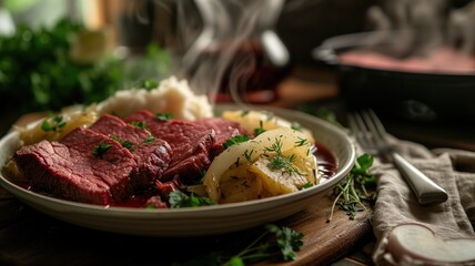 Succulent corned beef and cabbage with potatoes, steaming hot - obrazy, fototapety, plakaty
