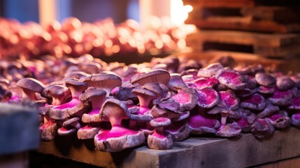 A beautiful and intricate display of vibrant pink and purple shiitake mushrooms growing in a controlled climate room, surrounded by rows of neatly stacked logs.