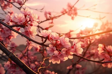 Blossoming branches against orange sunset and still water