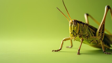 Close-up of a green grasshopper on a vibrant green background