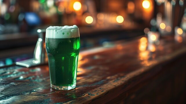 Green beer pint on a bar with blurred background lights