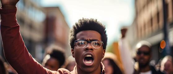 Demonstrating a powerful presence, an African-American man with a focused gaze marches and protests in the city