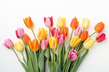 A group of multicolored tulips with distinct red, pink, yellow, and white hues on a light background