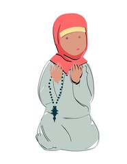 Muslim Woman in Hijab Praying with Beads Illustration