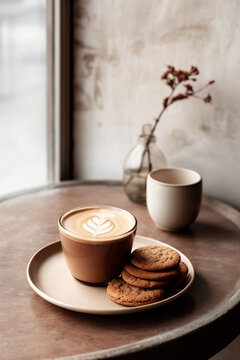Cafe Latte Art with Cookies On White Plate, Table with Flowers In Vase Next to Window Corner Composition. Natural Light and Shadow, Minimalist Photo. Minimal Interior. Food photography. Rustic Style.