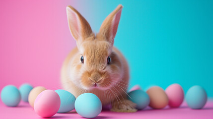 Easter bunny with colorful eggs. Gradient pink blue background with copy space. Pastel colors. Minimal concept of celebrating Easter holiday - obrazy, fototapety, plakaty