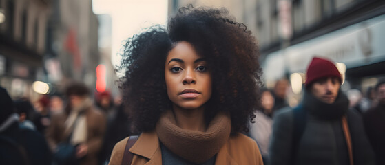 In the midst of a city protest, an African American woman moves forward with intensity, her gaze reflecting deep commitment. - obrazy, fototapety, plakaty