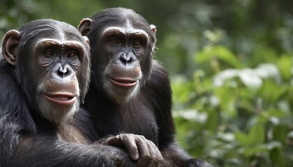 a family of two beautiful chimpanzee monkeys look at the camera, against the backdrop of vegetation and the tropics