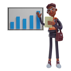   3D illustration. 3D Student Cartoon Character explaining table chart. holding a book in hand. showing an explanatory pose. 3D Cartoon Character