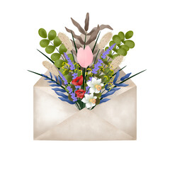 bouquet of flowers, envelope flowers, watercolor flower in the envelope, poppies, lavenders, tulip flower in the brown envelope on transparent background.