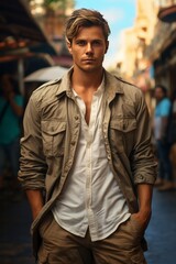 Fototapeta premium Photo Realistic of a Traveler in a Casual Linen Shirt and Cargo Shorts, Generative AI