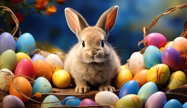 Rabbit among Easter eggs with blooming garden