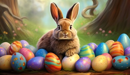 Fototapeta na wymiar Rabbit with Easter eggs in garden
