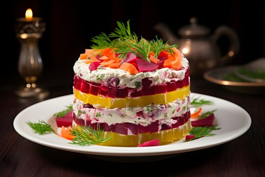 Selyodka Pod Shuboy, a festive layered salad with herring, beets, and potatoes,