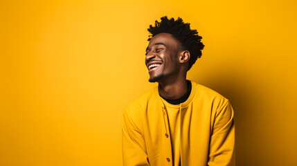 Against a lively yellow advertising setting, a young African American man showcases a big, cheerful smile.