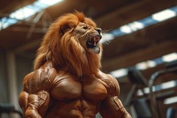 Fototapeta na wymiar Portrait of a strong roaring male lion in a gym. Bodybuilding concept.