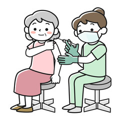 シニア女性に注射をする女性看護師