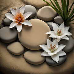Fototapeta na wymiar sand, lily and spa stones in zen garden - generated by ai